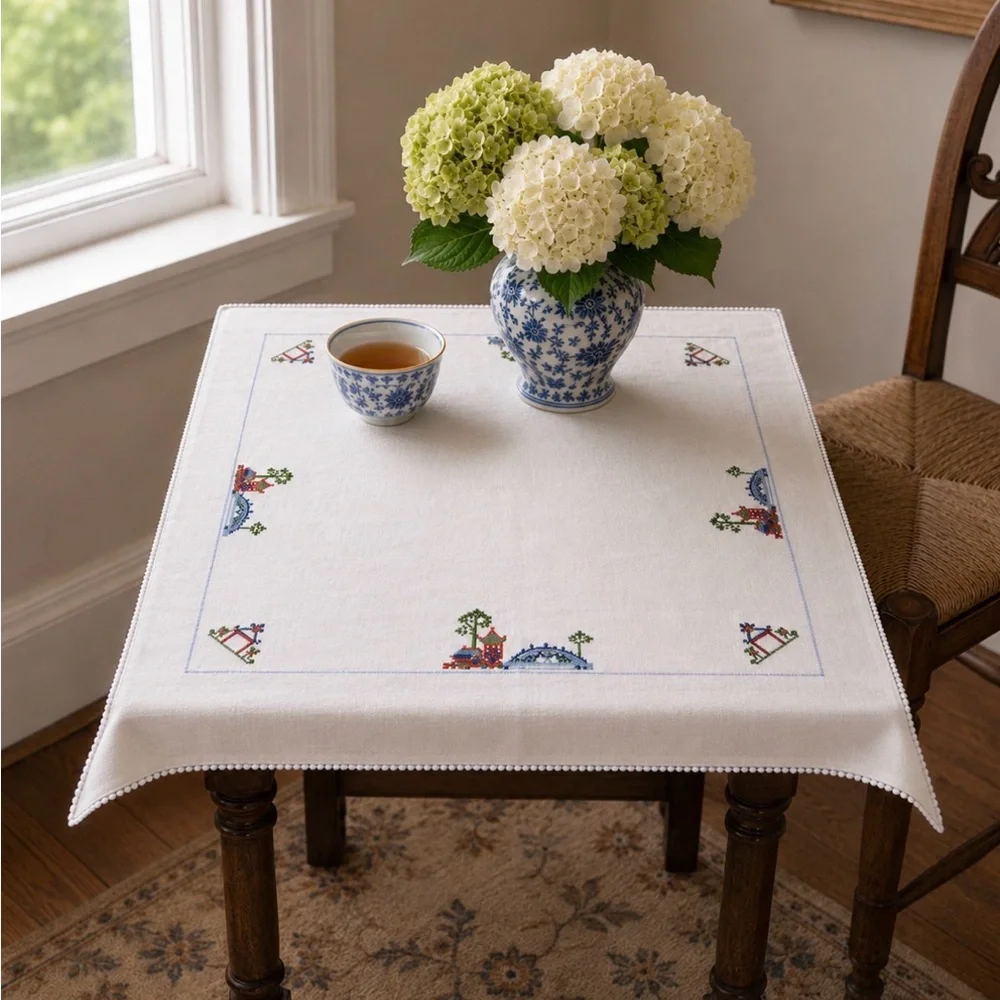 Vintage Hand Embroidered Linen Table Topper 32” Square Asian Pagoda Bridge